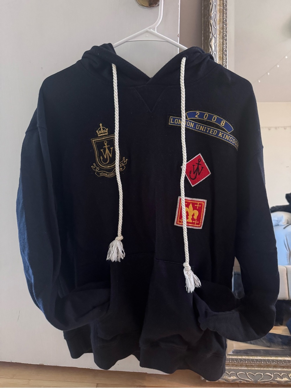 JW ANDERSON Black Crewneck Hoodie with Embroidered Patches